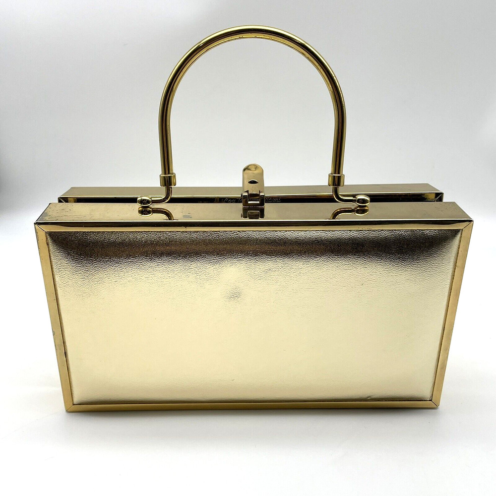 Vtg 70s Lou Taylor Miami Gold On Gold Art Deco Padded Frame Box Handbag Purse - Picture 5 of 12